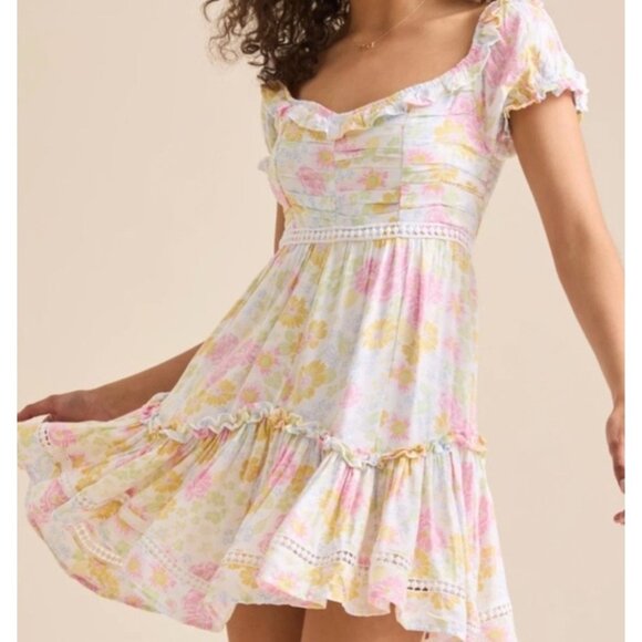 ALTAR’D STATE Floral mini dress with ruffles, cap sleeve tiered skirt. Size S - Picture 3 of 10